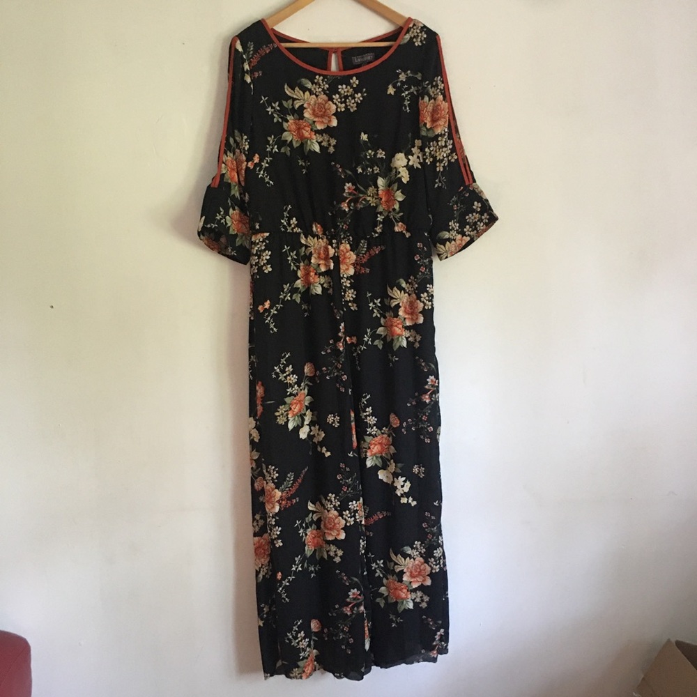 Luxology Cold Shoulder Black Jumpsuit with Orange Flowers & Trim: Size 14